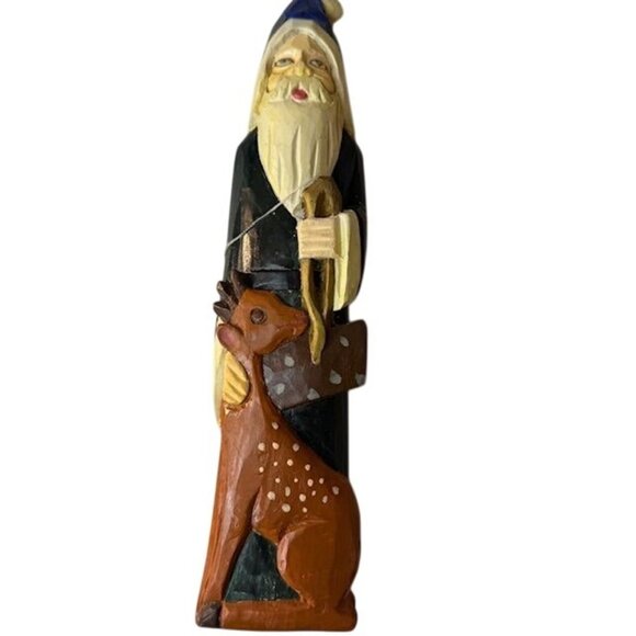 Hand-Carved Wooden Santa Figurine With Deer - Picture 1 of 5